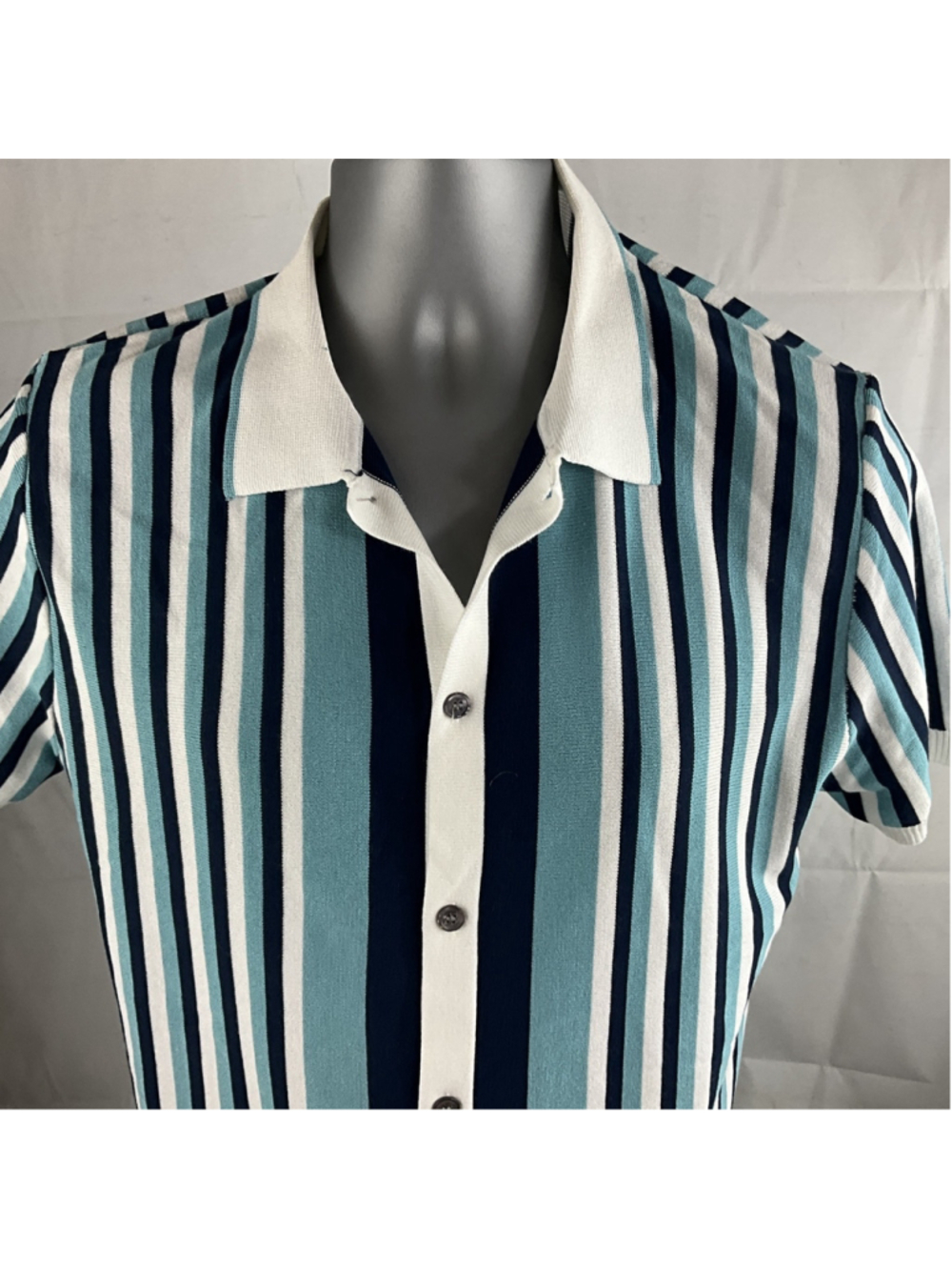 Men’s Sinransinya Retro Golf Sweater Size Medium Blue Stripe 100% Viscose - Picture 2 of 5